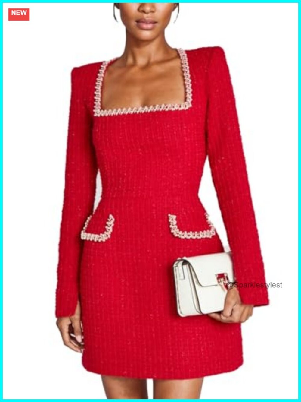 Elegant Tweed Mini Dress Square Neck Long Sleeve Pearl A-Line Formal Party